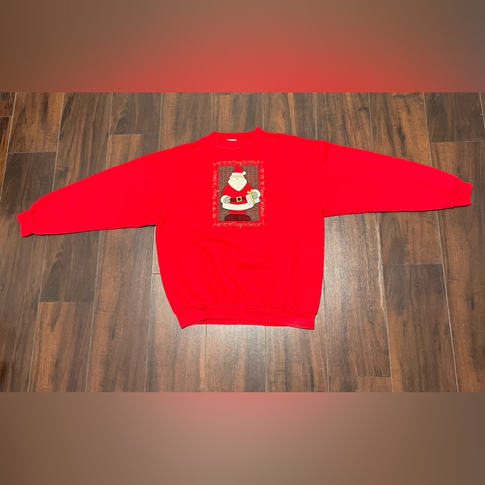 Vintage Tultex Red Sweater Mens Large Santa Merry Christmas Embroidered USA Made